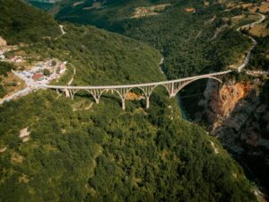 An aerial view of a bridge over a river