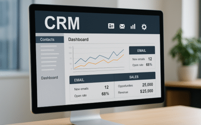 Tableau de bord numérique d'un logiciel CRM affiché sur un écran d'ordinateur dans un environnement professionnel