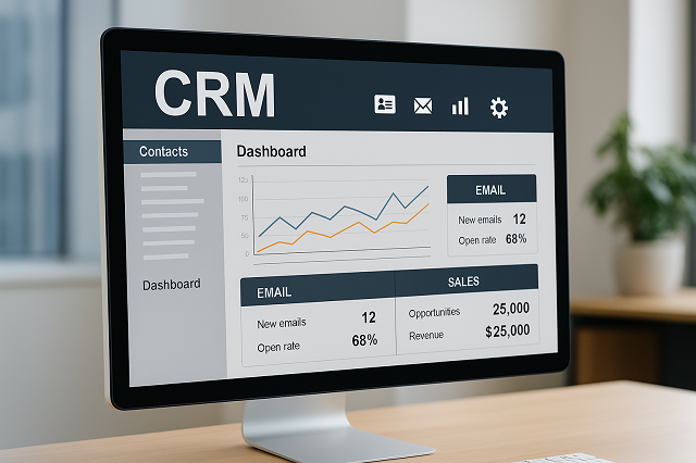 Tableau de bord numérique d'un logiciel CRM affiché sur un écran d'ordinateur dans un environnement professionnel